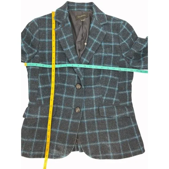 Talbots Womens 6 Wool Blend Navy & Turquoise Plaid Blazer AOP Lining Academia - Picture 11 of 11